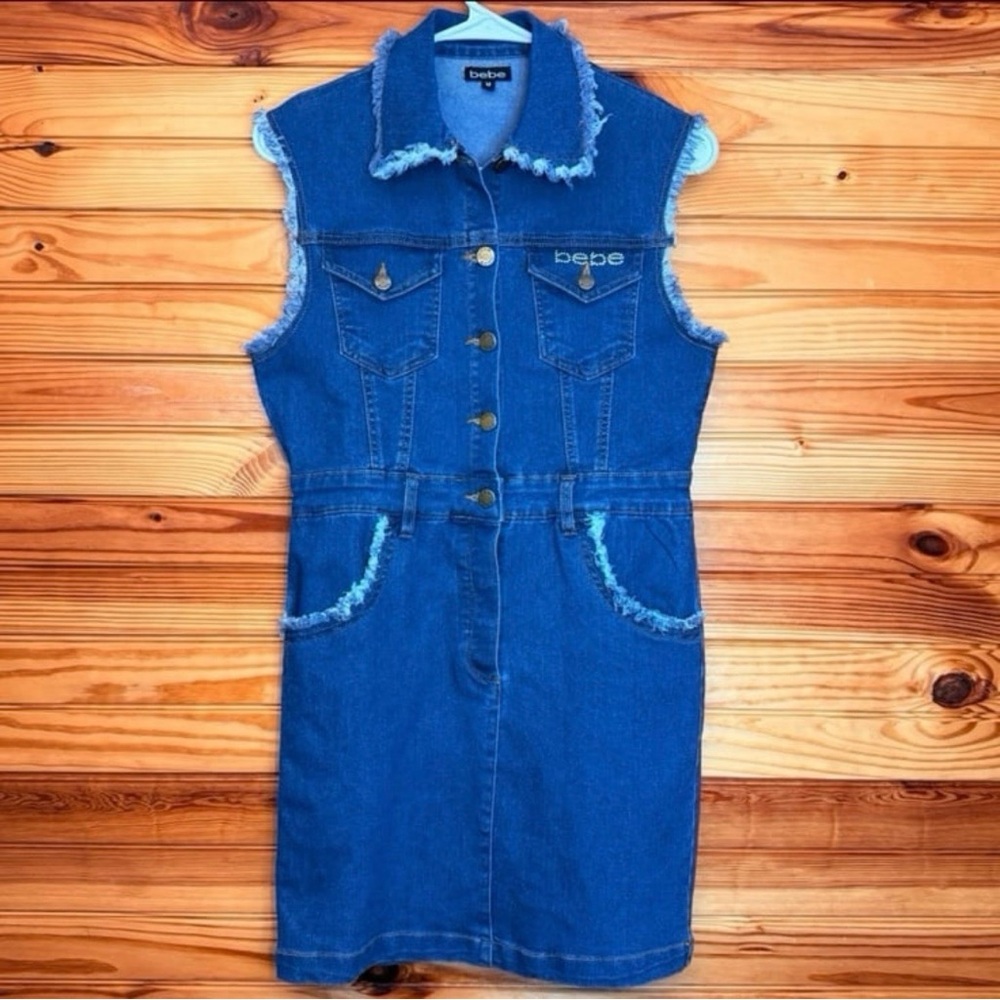 Bebe Y2K Denim Button Down Sleeveless Rhinestone Logo Stretch Shirt dress med